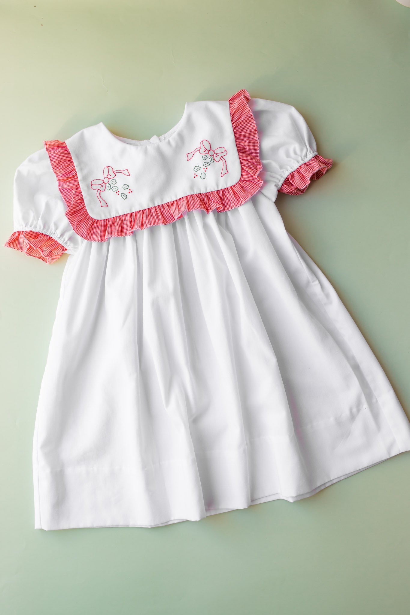 Gingham Ruffle Bow Embroidered Dress