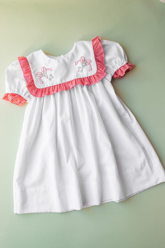 Gingham Ruffle Bow Embroidered Dress
