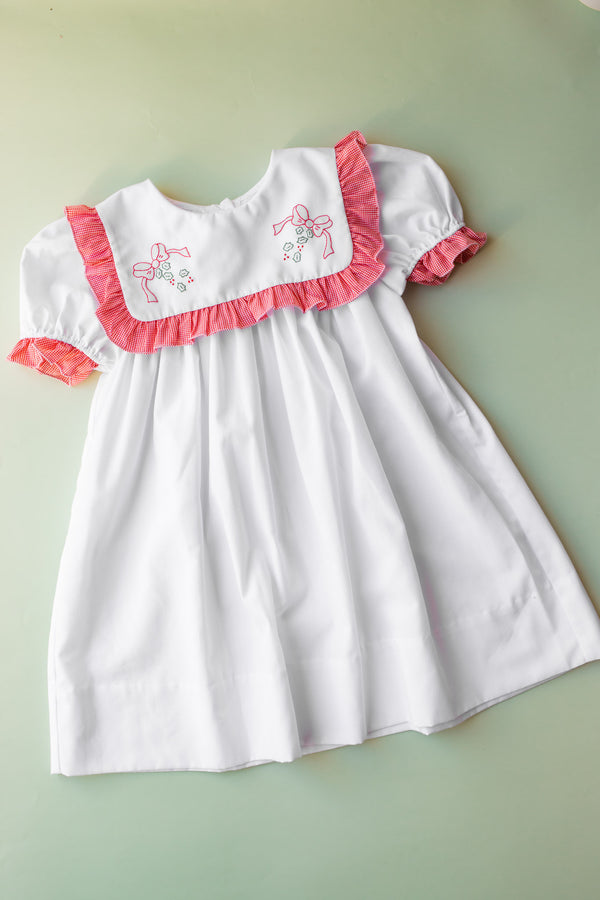 Gingham Ruffle Bow Embroidered Dress