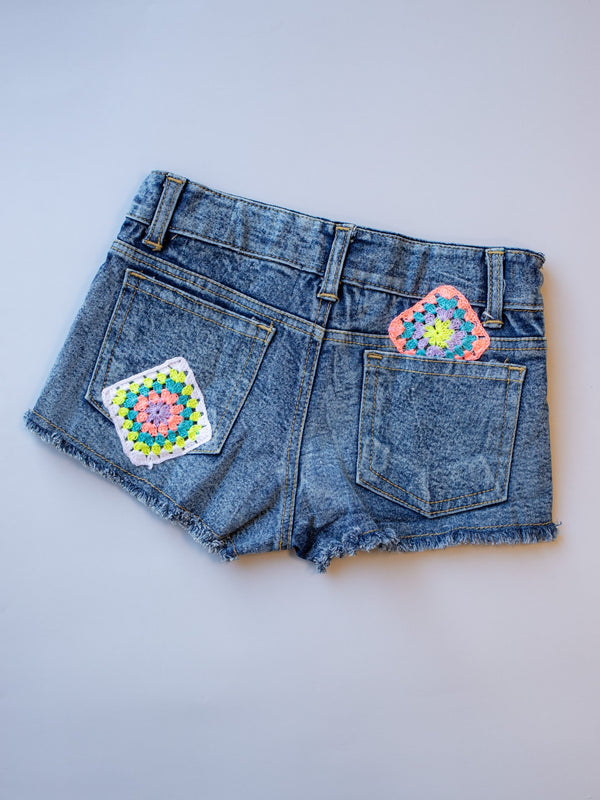 Crochet Detail Denim Shorts | Dark Wash