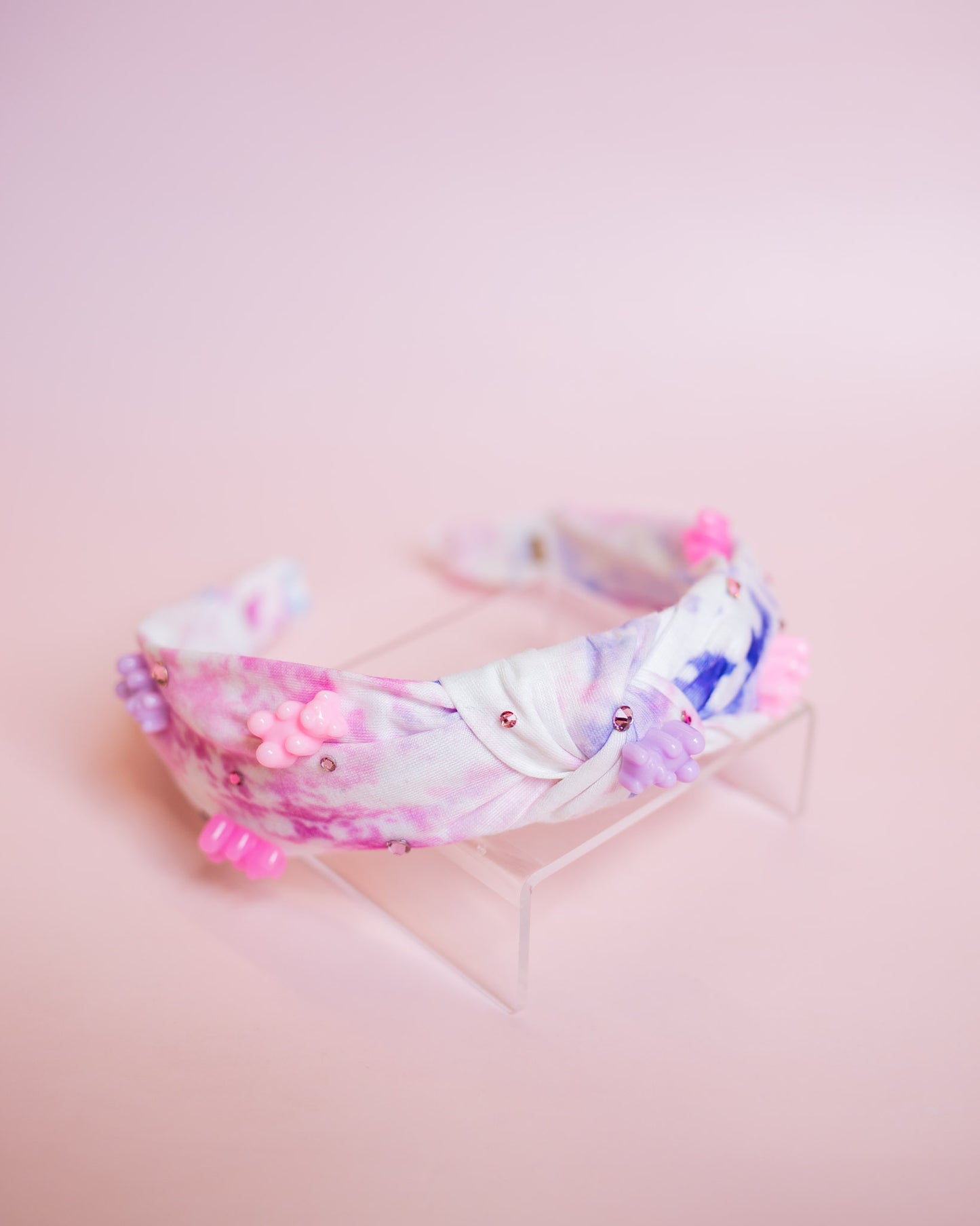 Tie Dye Cotton Knot Gummy Charm Headband | Pink + Purple