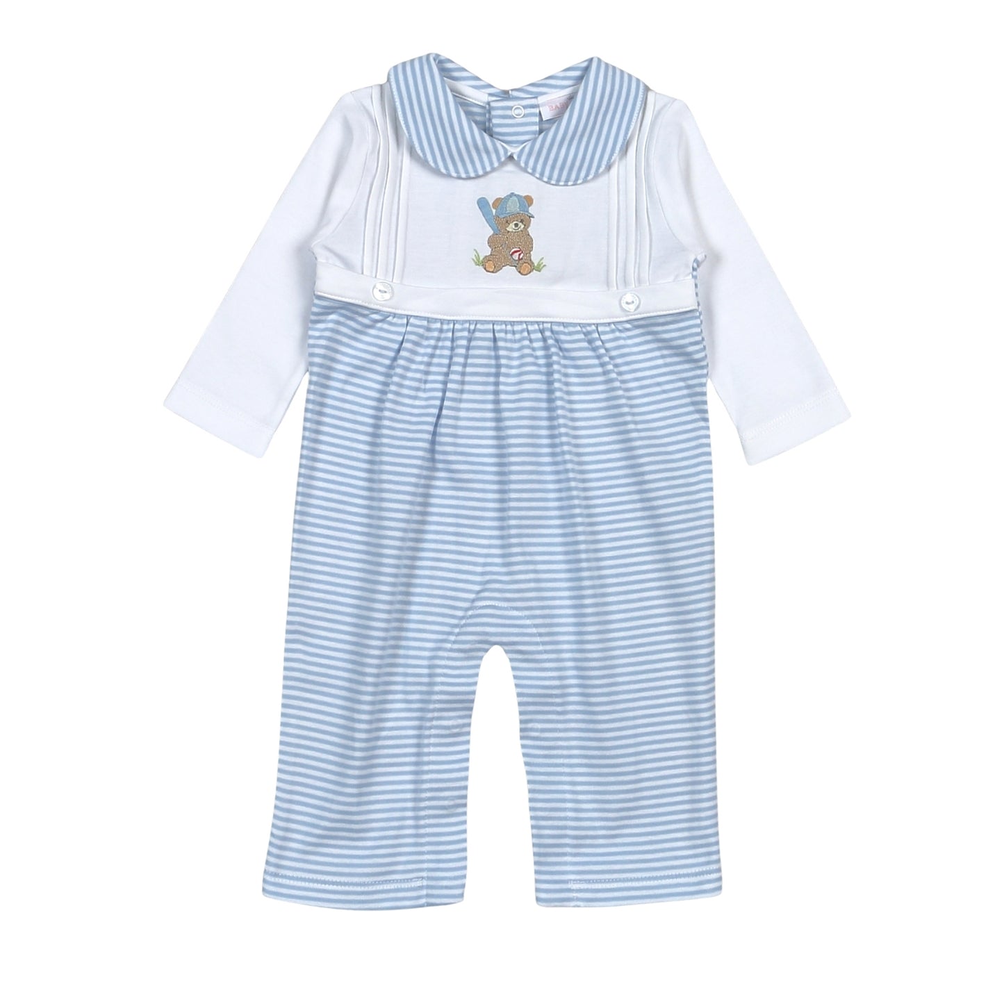 Blue Baseball Bear Hand Embroidered Romper