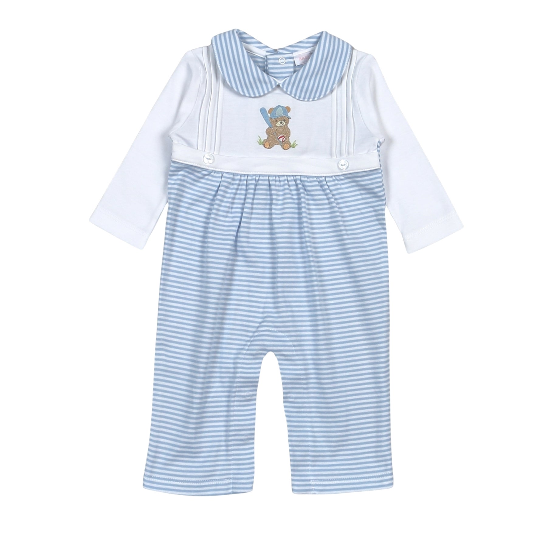 Blue Baseball Bear Hand Embroidered Romper