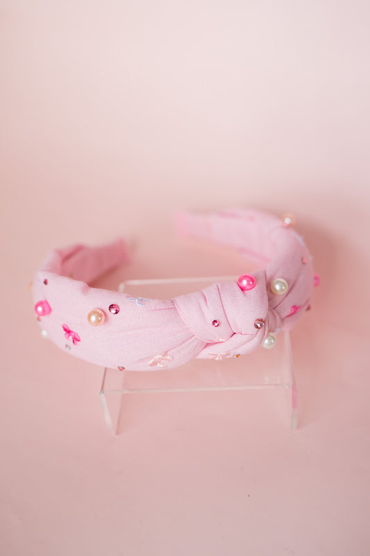 Pearl Embroidered Knot Headband | Pink