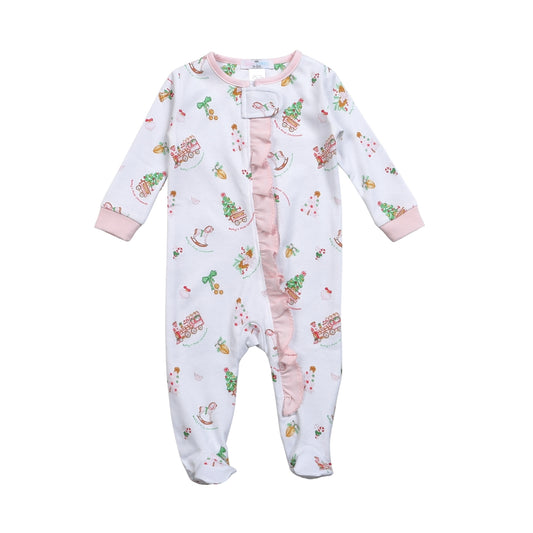 Baby's First Christmas Pima Zipper Footie, pink