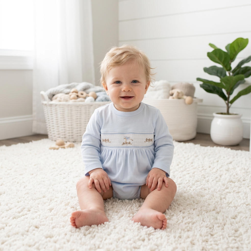 Blue Baby Lamb Hand Smocked Bubble
