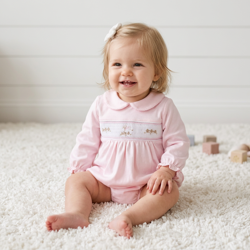 Pink Baby Lamb Hand Smocked Bubble