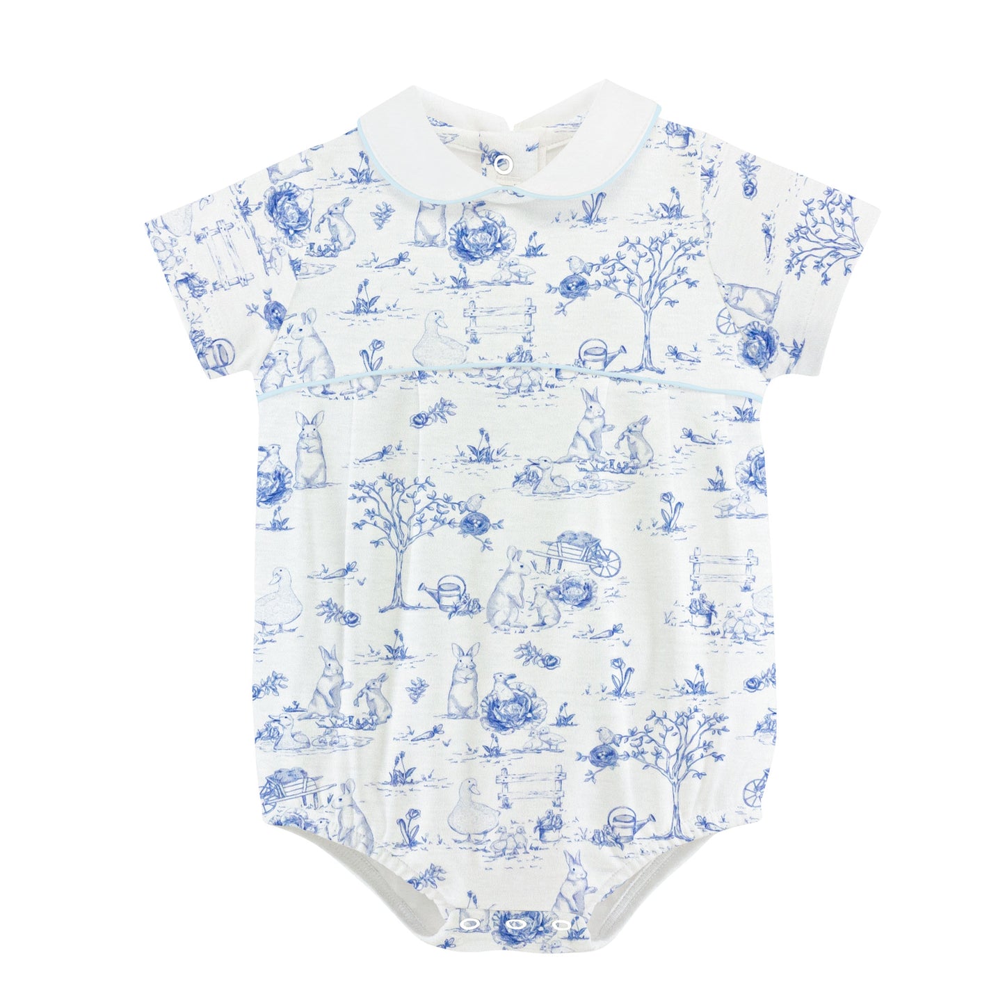 blue toile bunnies bubble, round collar