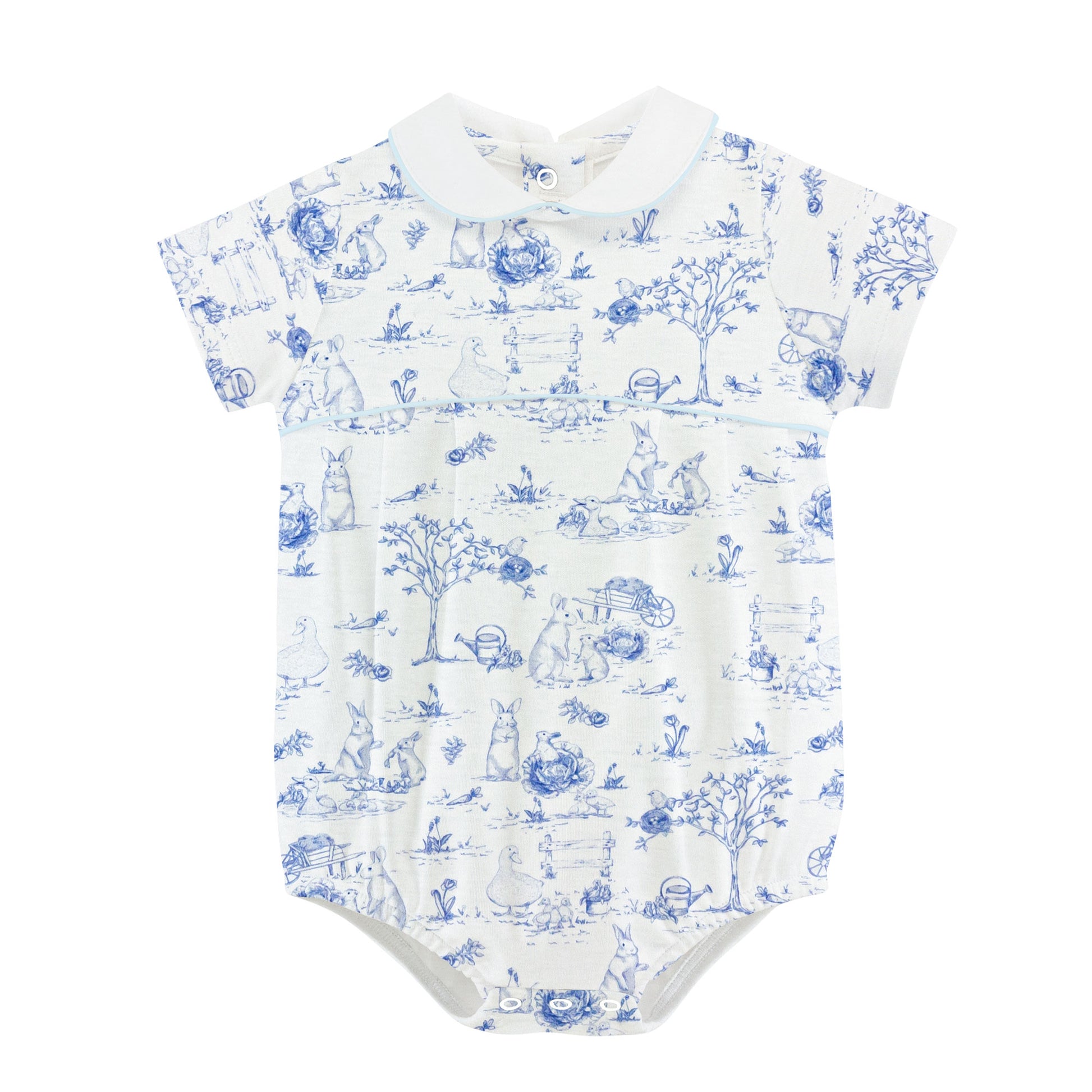 blue toile bunnies bubble, round collar