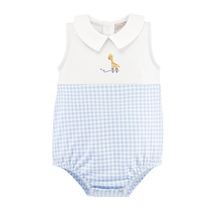 tiny giraffe - boy white gingham bubble w/ embroidery