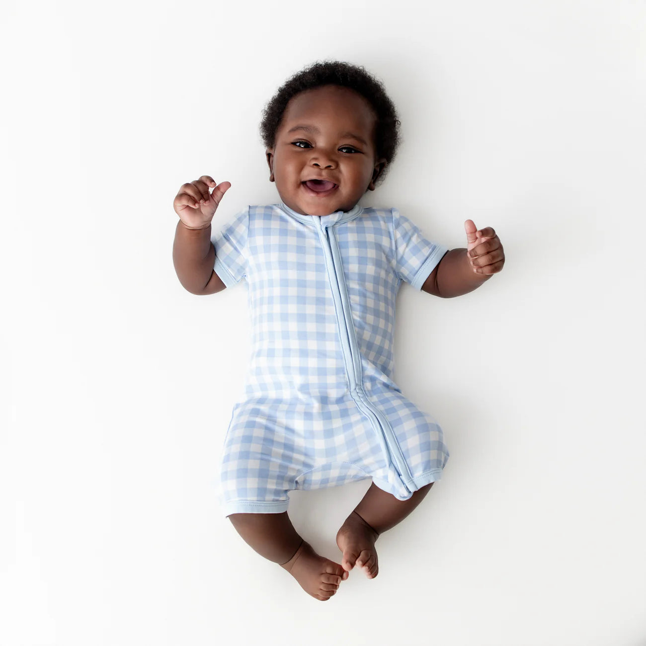 Kyte Baby Zippered Bamboo Shortall Romper | Gingham Breeze