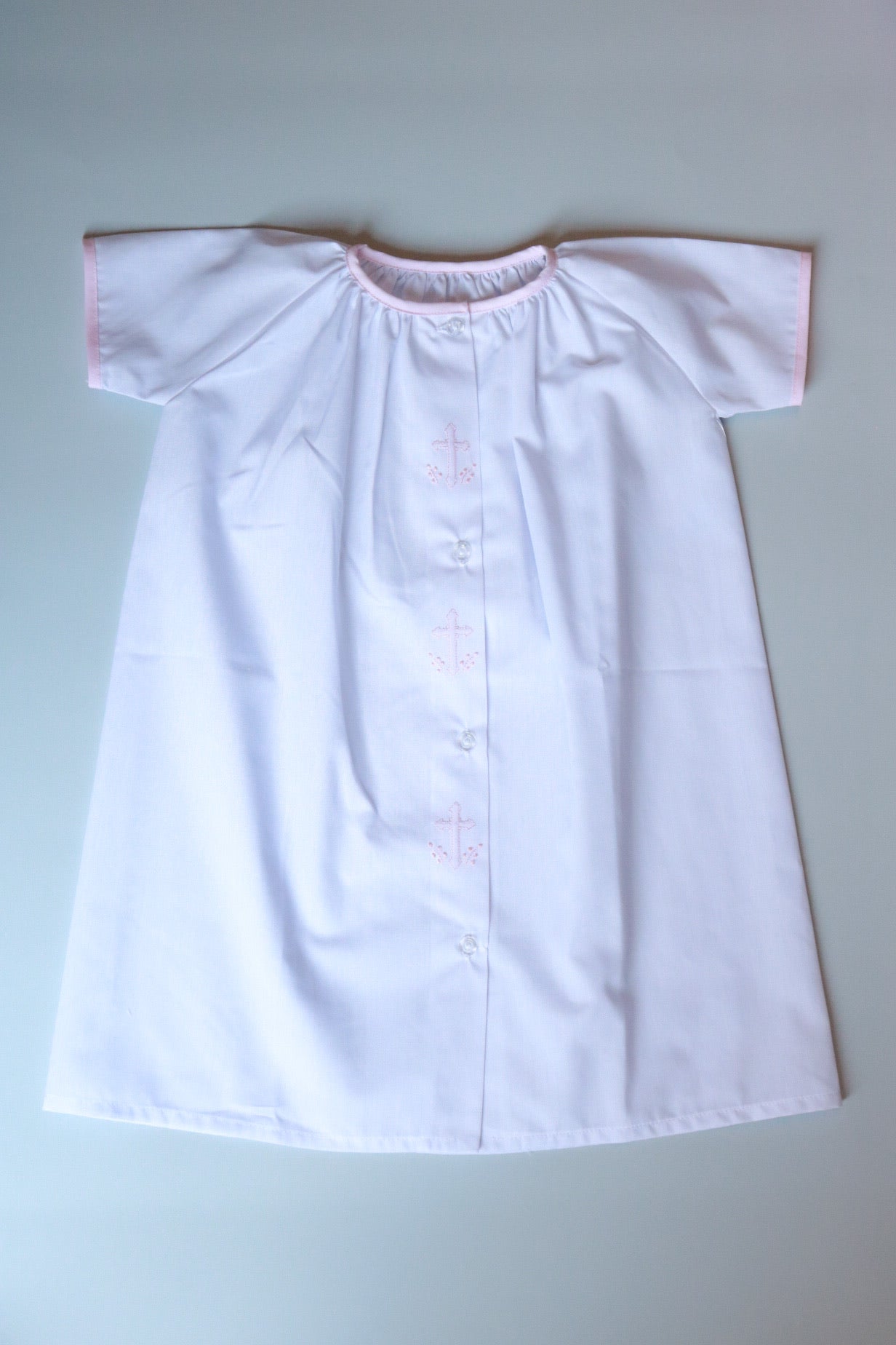 Cross Embroidered Pleated Collar Daygown | Pink Trim
