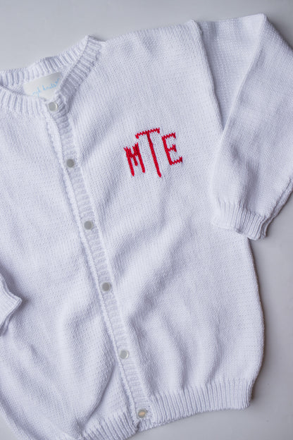Custom Knit Monogram Cardigan | White with Red