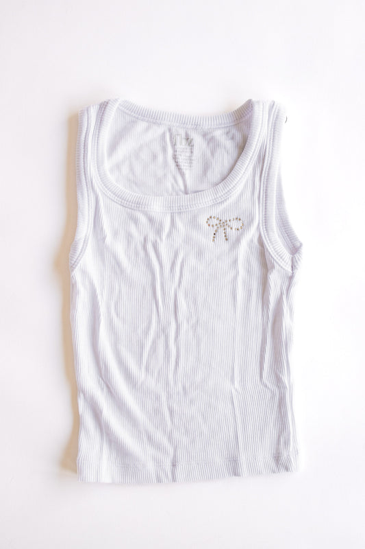 Crystal Bow Ribbed Tank | White