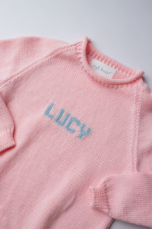 Name Sweater | Light Pink with Light Blue