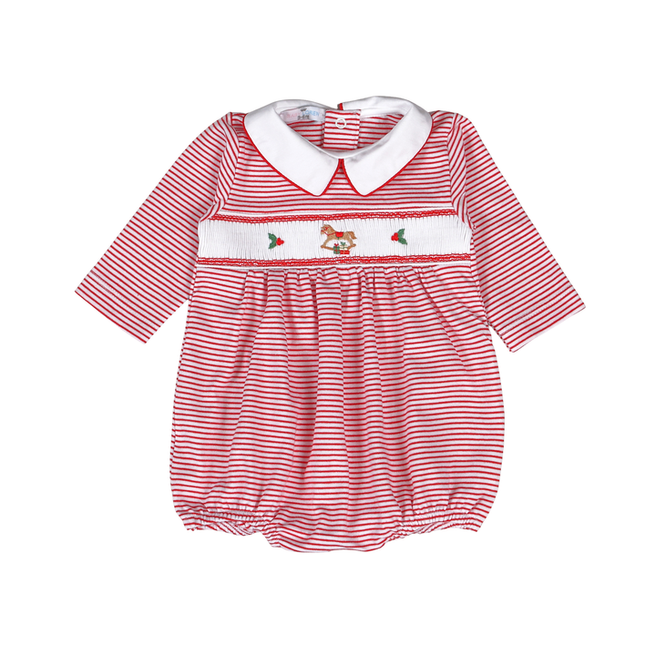 Red Christmas Rocking Horse Hand Smocked Pima Bubble