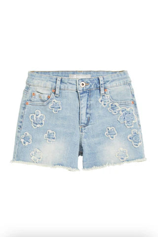 Floral Patch Fray Hem Short | Medium Indigo