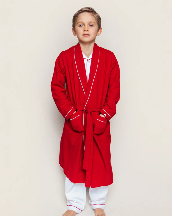 Kid's Flannel Robe in Red with White Piping