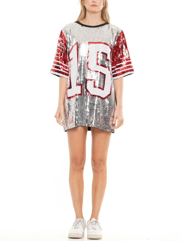 Gameday Sequin T-Shirt Dress | Silver and Red