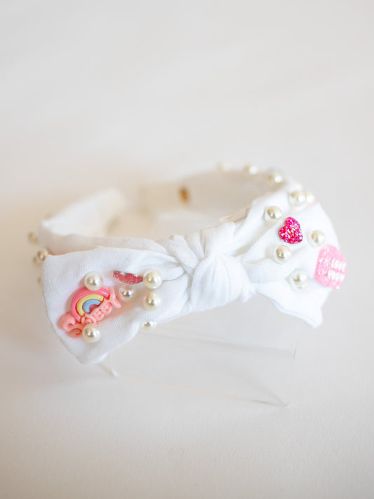 Charm+ Pearl Bow Knot Headband | White + Pink