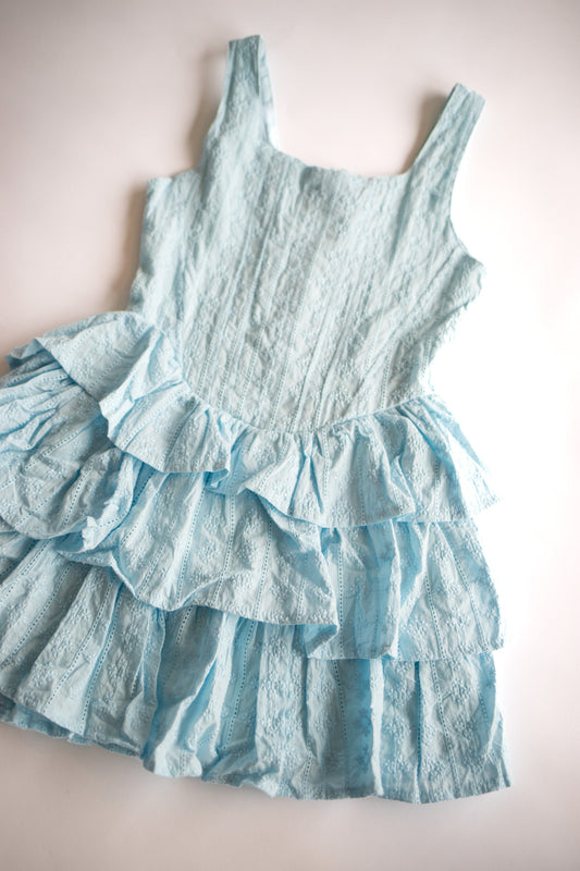 Embroidered Blue Skirted Ruffle Dress