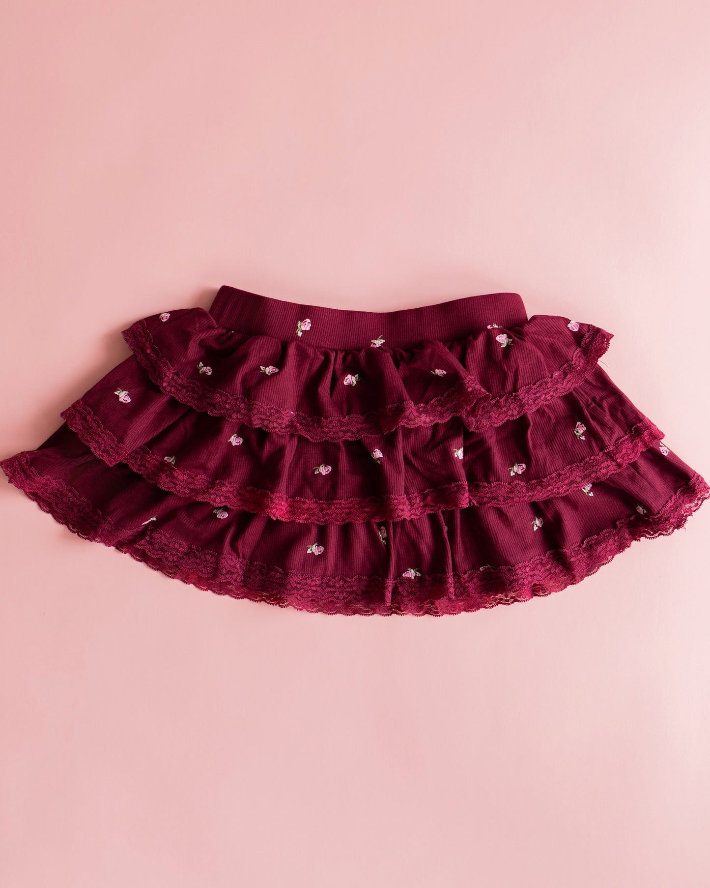 Rib Lace Trim Tiered Skirt | Maroon Ditsy