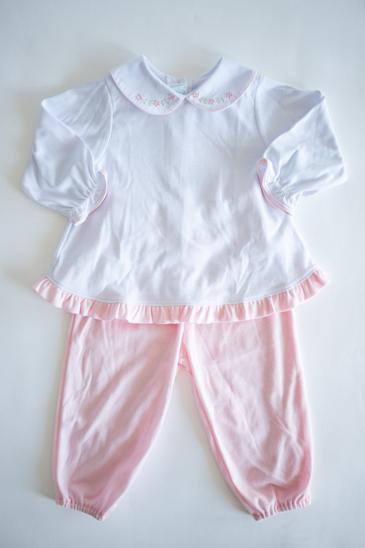 Collared Knit Long Sleeve + Pant Set | Pink Satin Flower