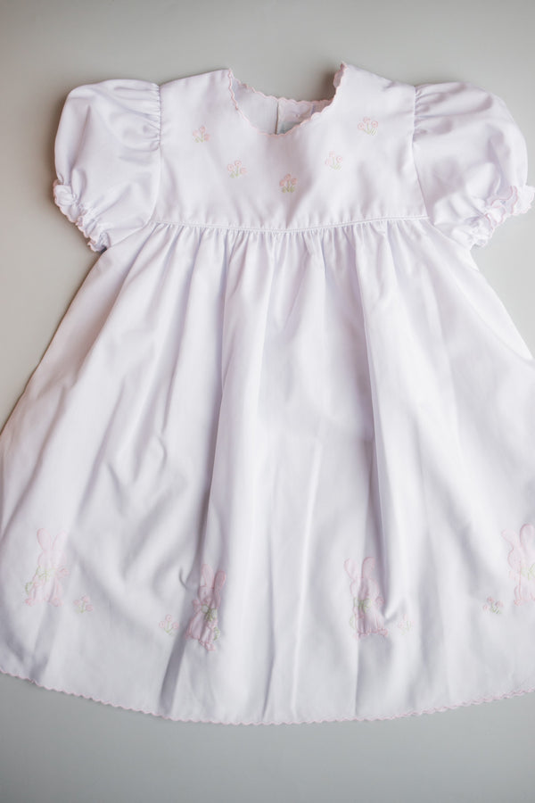 Phoebe Bunny & Flower Embroidered Girl's Dress | Pink/White