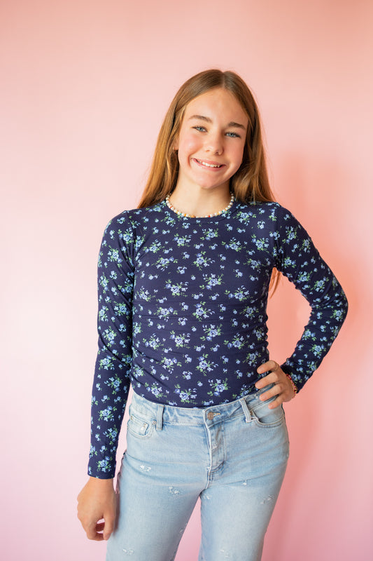 Ribbed Long Sleeve | Navy Blue Floral