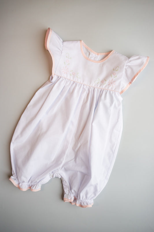 Eliza Embroidered Girl's Shortall | White/Pink