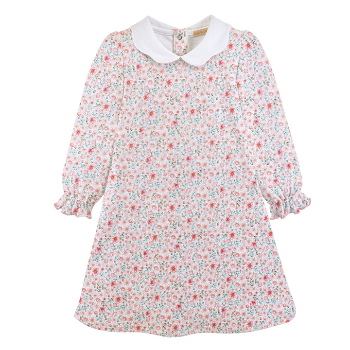 Blushy Buttons Printed Pima Dress w Scalloped Collar