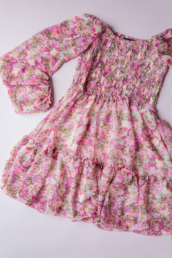 Chiffon Smocked Dress | Fall Pink Floral