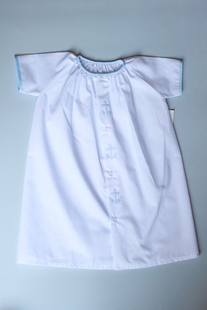 Cross Embroidered Pleated Collar Daygown | Blue Trim