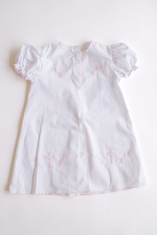 Scallop Trim Cross Embroidered Daygown | White/Pink