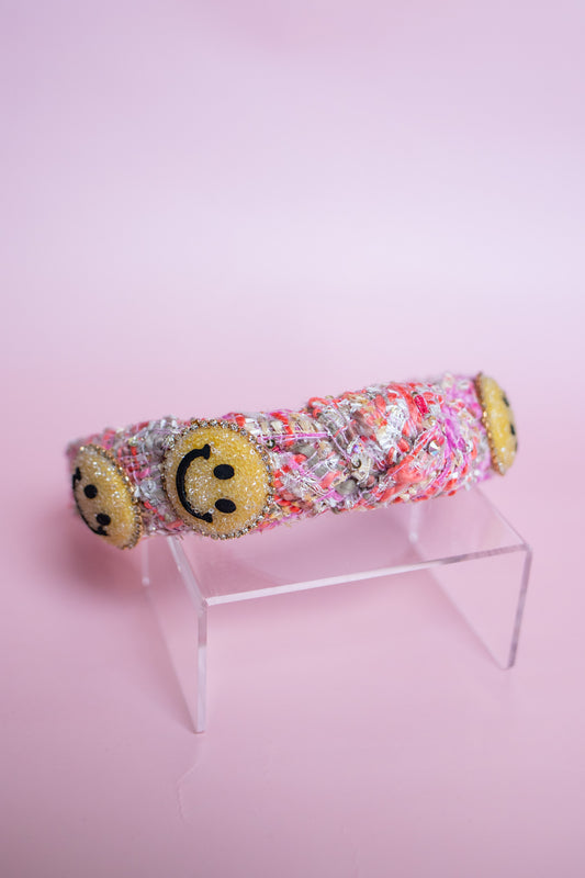 Metallic Tweed Smiley Headband | Pink Multi