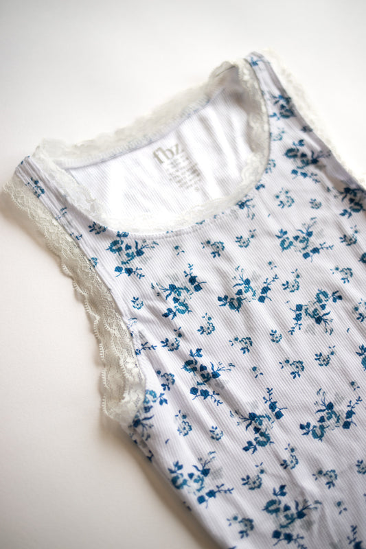 Ditsy Blue Floral Lace Trim Tank