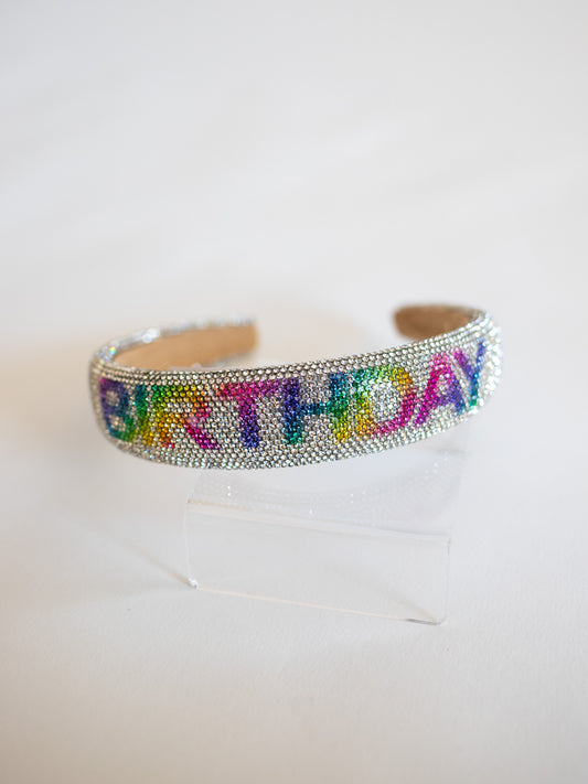 Birthday Fully Crystal Headband | Silver + Rainbow