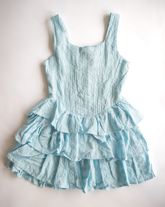 Embroidered Blue Skirted Ruffle Dress