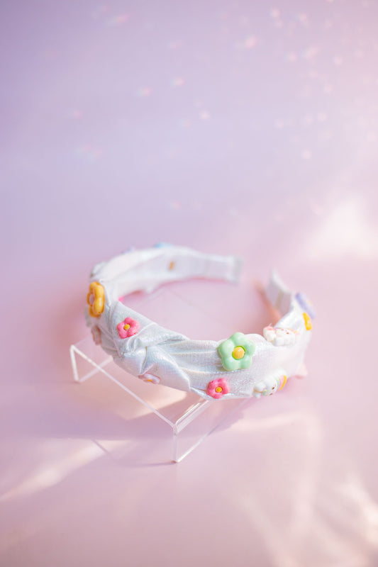 Bunnies and Flowers Charm Knot Headband | Iridescent White