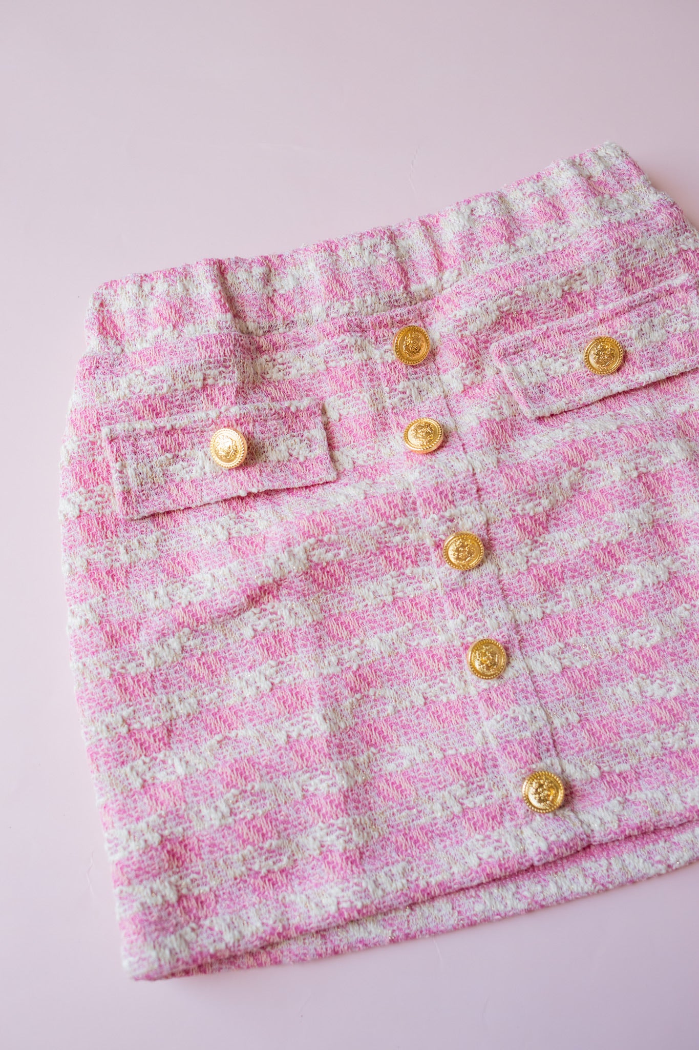 Gold Button Tweed Skirt | Pink