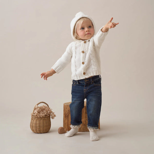 White Chunky Hooded Pom Pom Cardigan