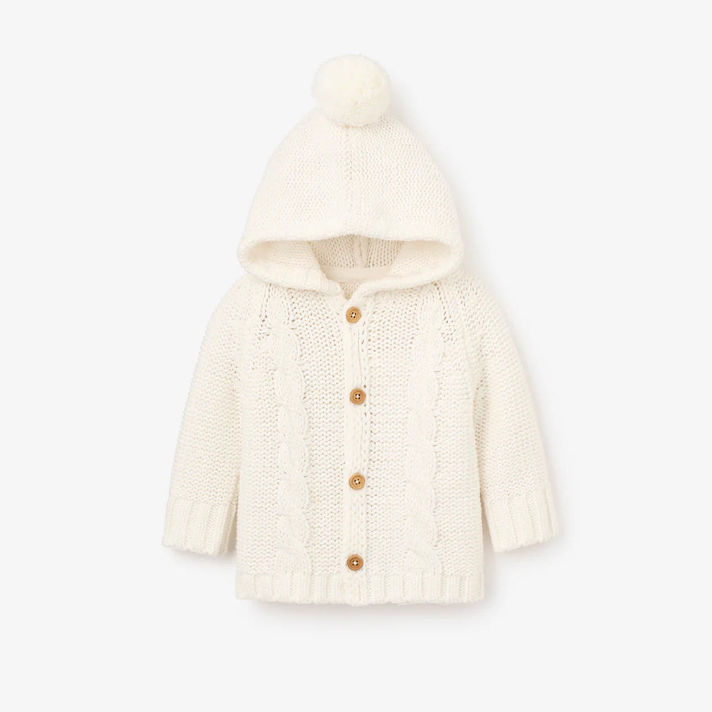 White Chunky Hooded Pom Pom Cardigan