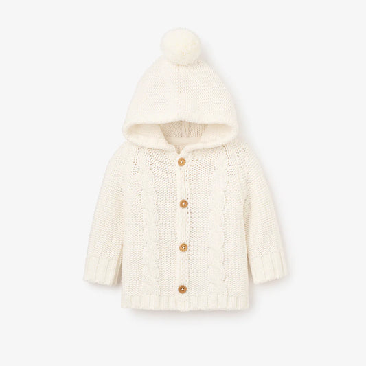 White Chunky Hooded Pom Pom Cardigan