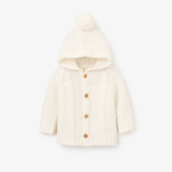 White Chunky Hooded Pom Pom Cardigan