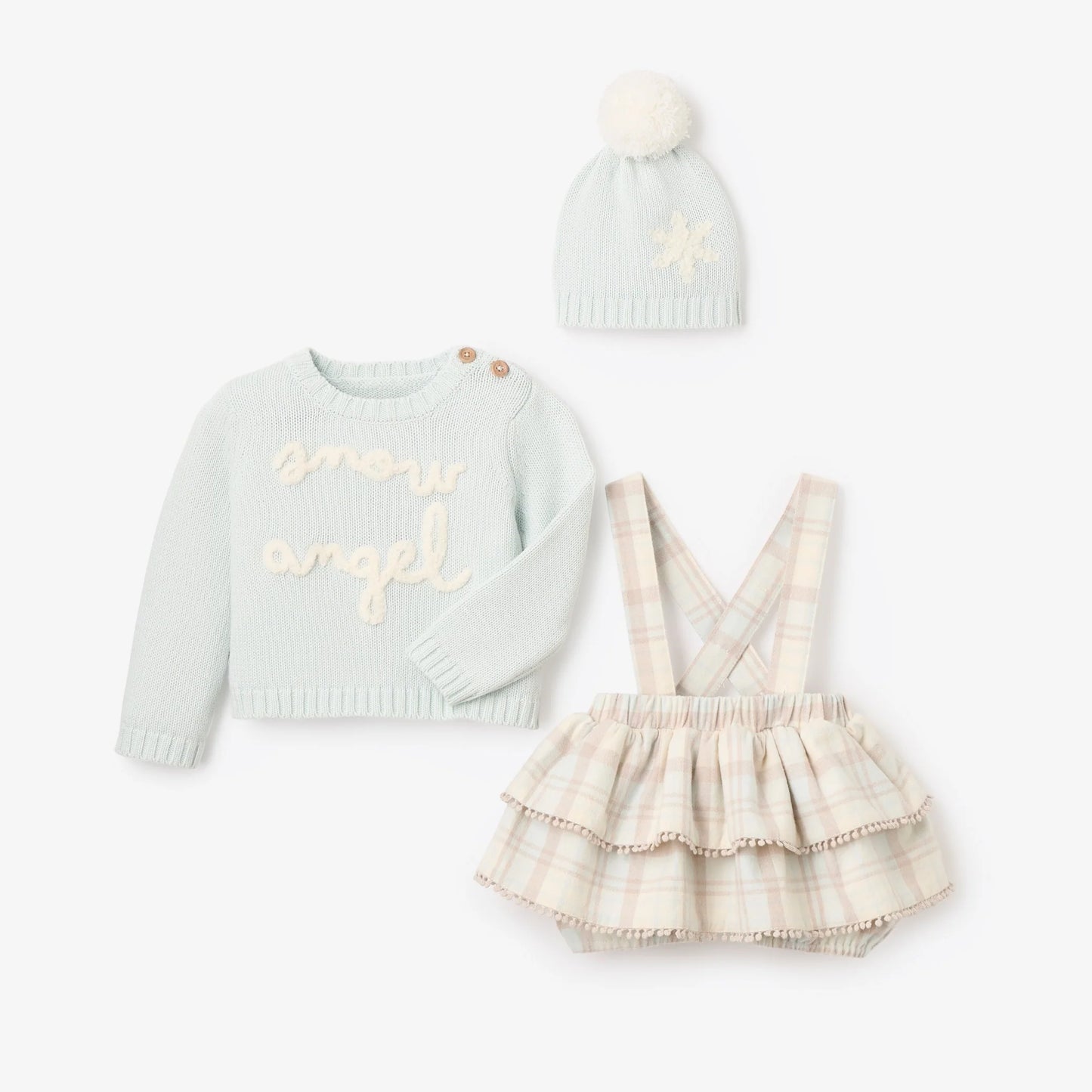 Snow Angel Sweater, Plaid Skirt, & Pom Hat Set