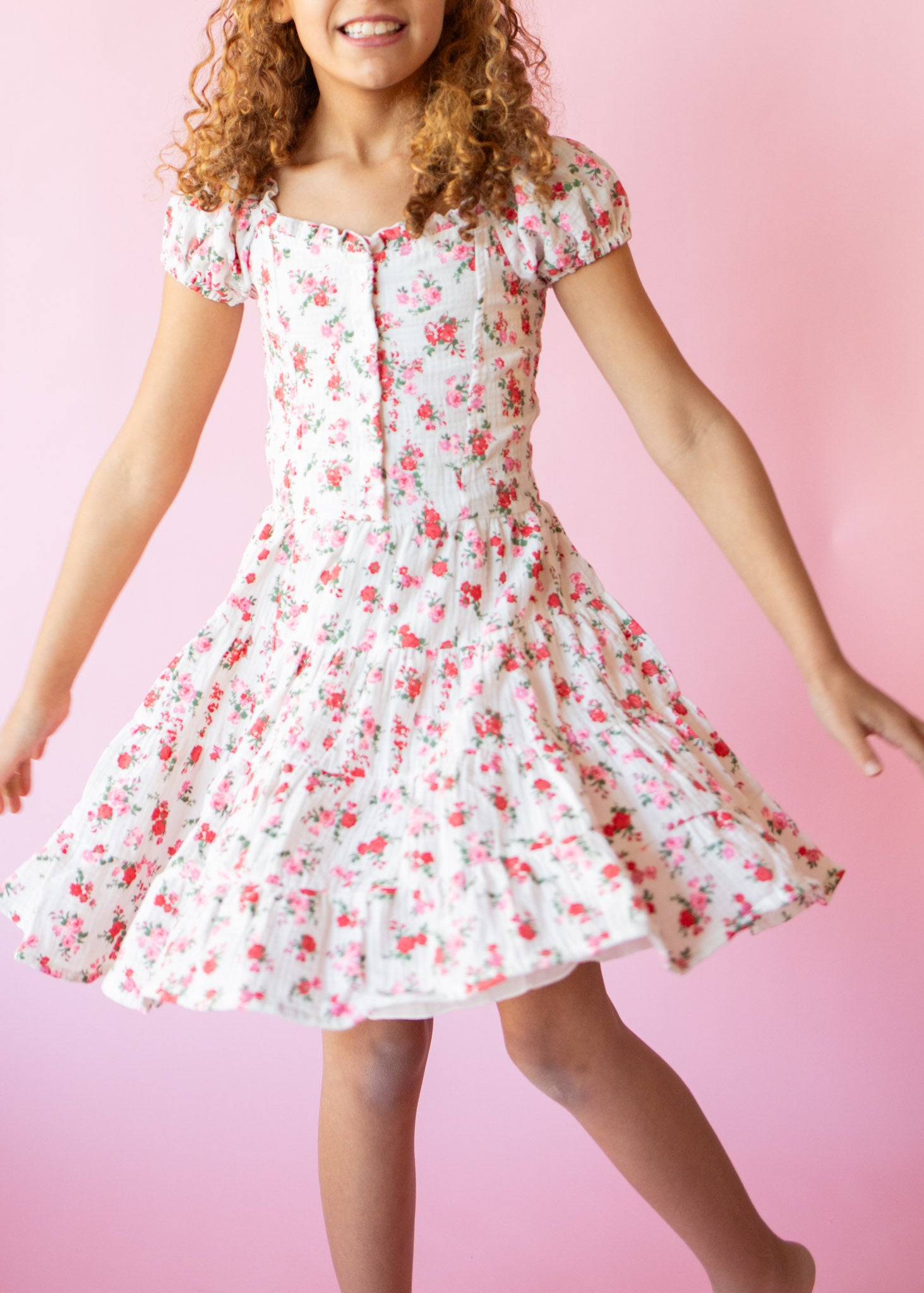 Pink + Red Floral Puff Sleeve Dress | White