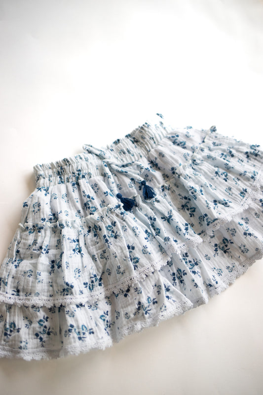 Ditsy Blue Floral Tiered Tassel Skirt