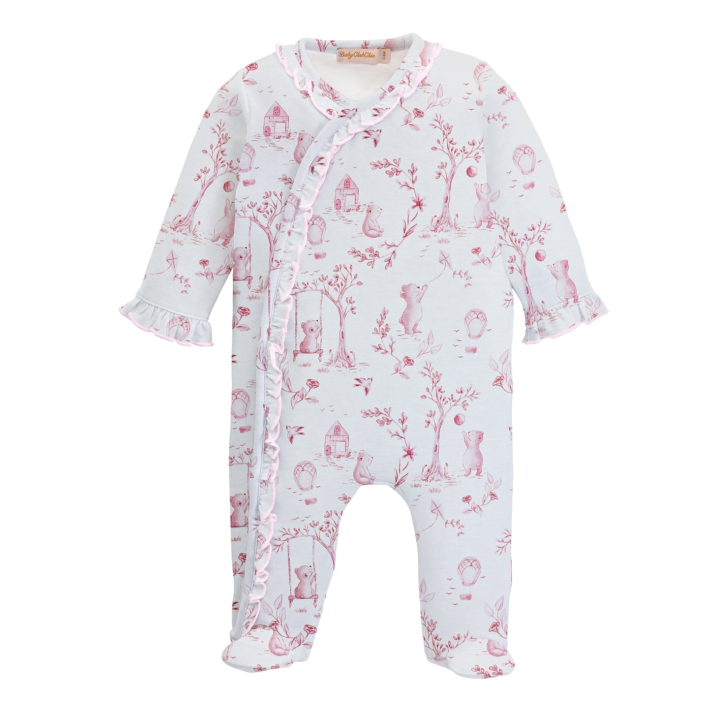 Ruffle Printed Footie | Pink Toile De Jouy