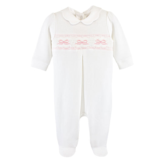 English Knot Smocked Collared Footie | Pink Bows