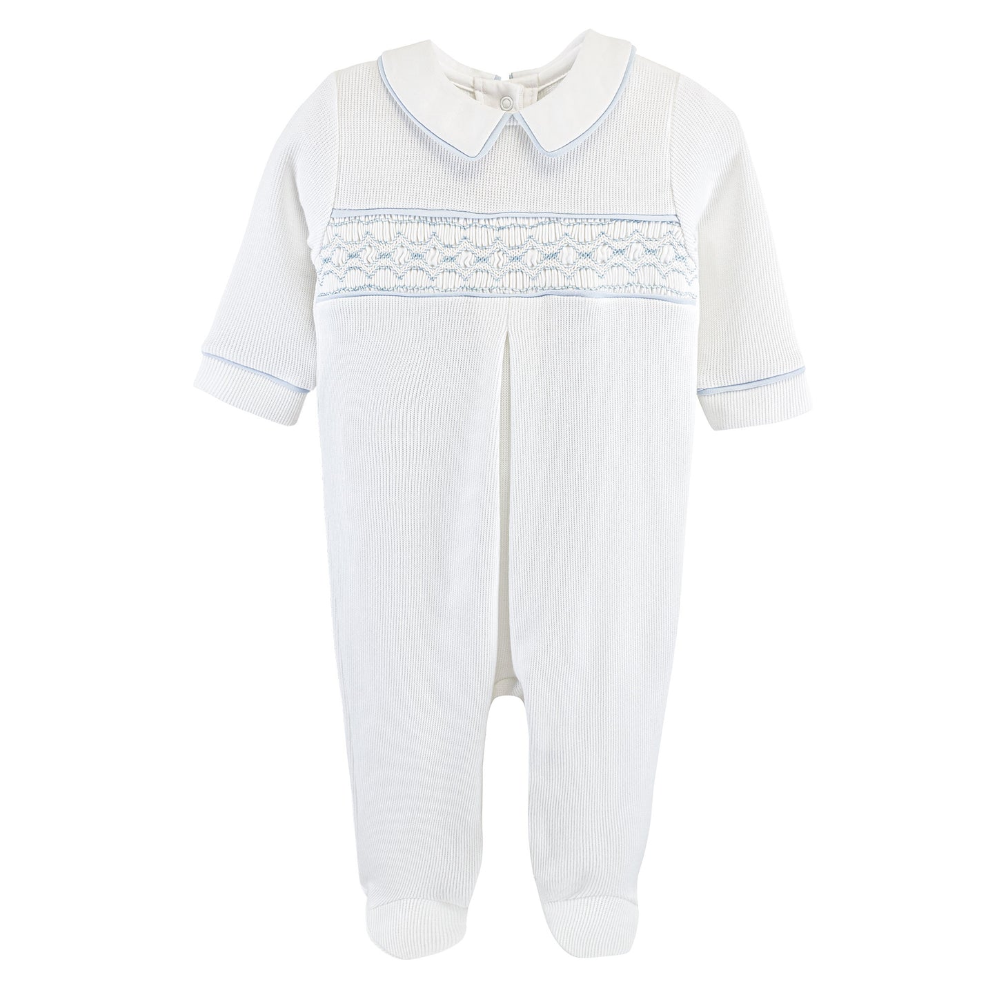 English Knot Smocked Collared Footie | White/Blue